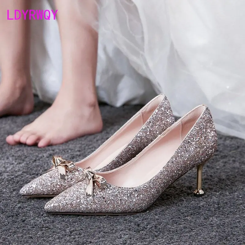 

Women's 2022 New bow-tie all-match heels Women's stiletto crystal sequins single shoe