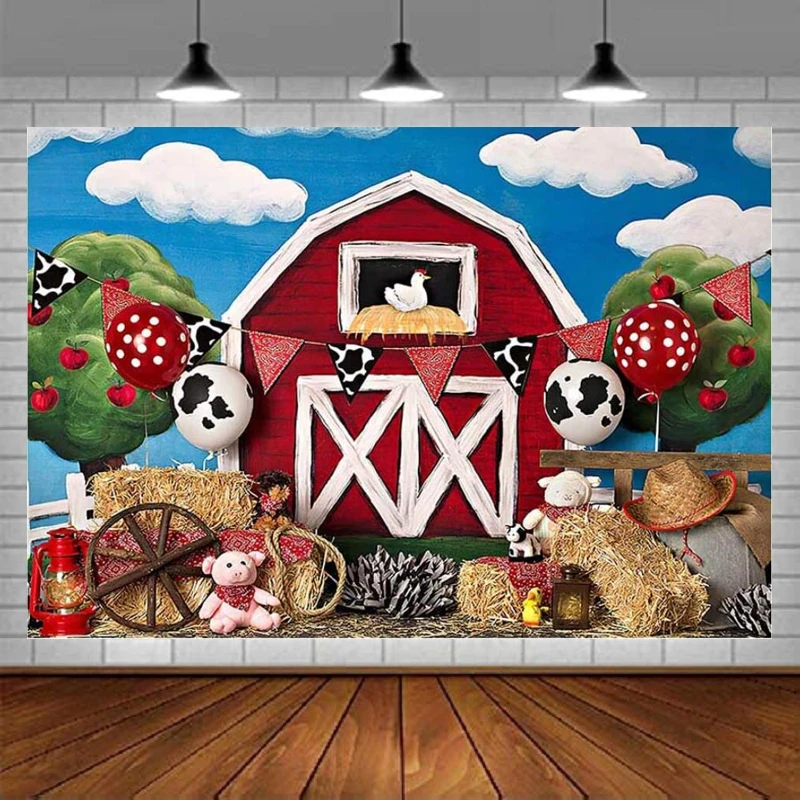 

Photography Backdrop Farm Red Barn Photo Studio Booth Background Rustic Animals Green Grass Sky Baby Birthday Party Decoration