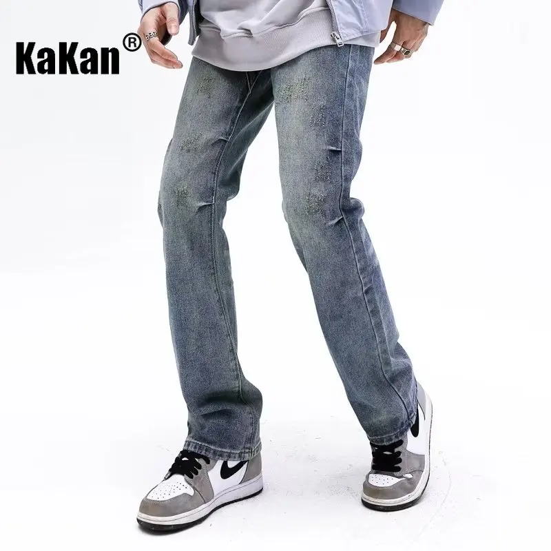 Kakan - New Vintage High Street Distressed Jeans for Men, Washed Slim Fit Small Foot Straight Leg Jeans K33-968733