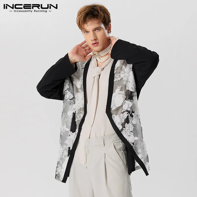 

INCERUN 2023 Мужская рубашка с сетчатым принтом пэчворк с V-образным вырезом длинным рукавом открытый Ститч мужской кардиган кимоно уличная одежда повседневные рубашки