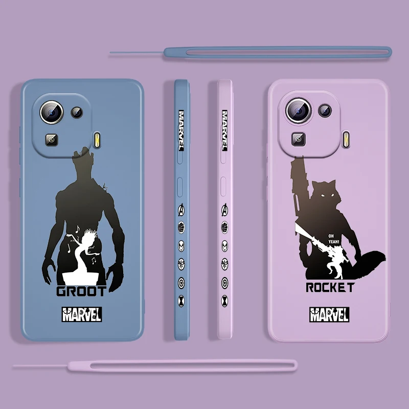 

Rocket Cute Avengers For Xiaomi Mi 12 11 11i 10 10S 9 6 Ultra Lite Pro SE 4G 5G Silicone Liquid Left Rope Phone Case Cover Capa