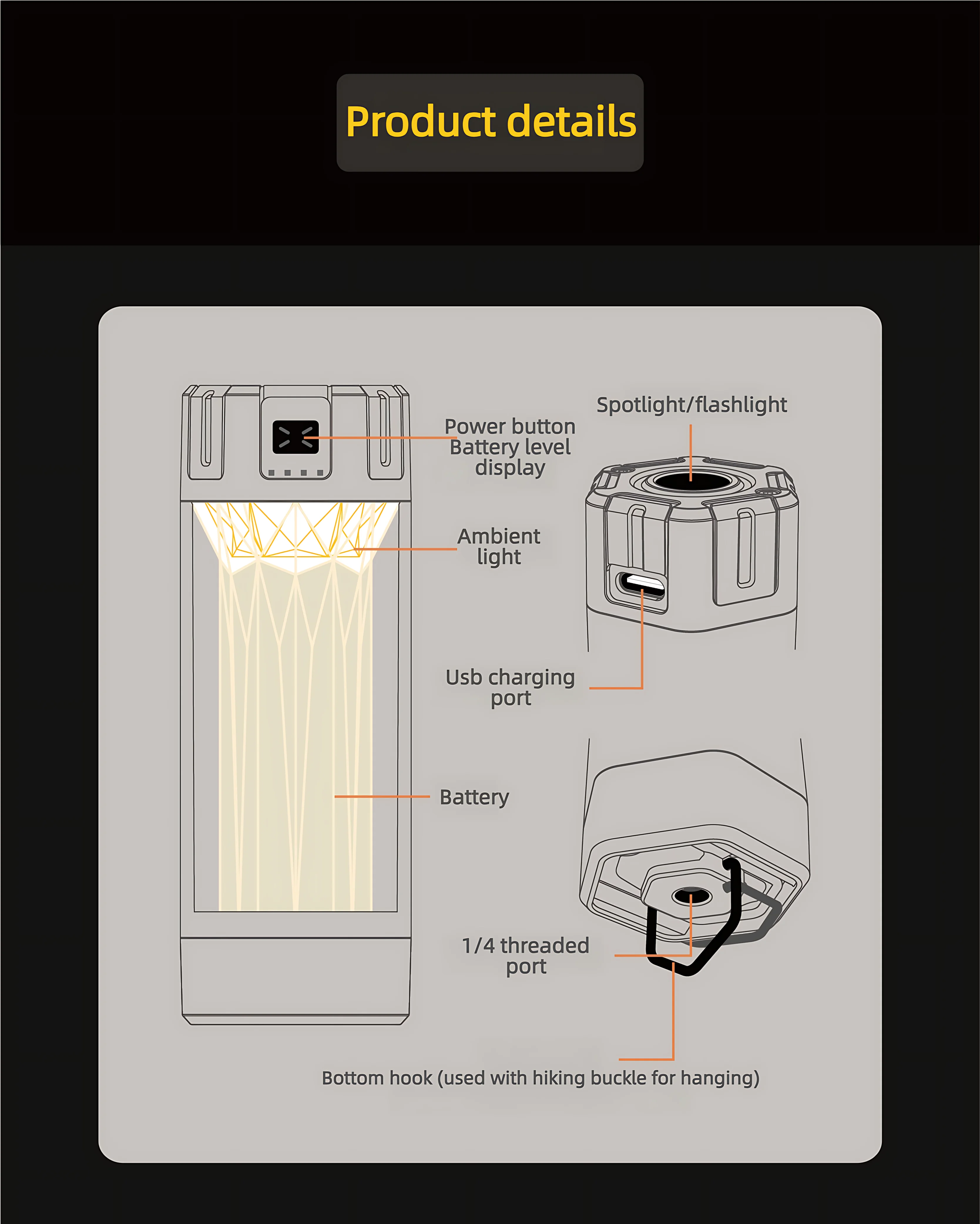 Походный фонарь LED 2в1 аккумуляторный фонарик 2000mAh Type-C 5 режимов белый теплый фокусируемый мощный 300 люмен дальнобойный крючок + штатив портативный (art.: 3920d96bbba5f) - 3920d96bbba5f