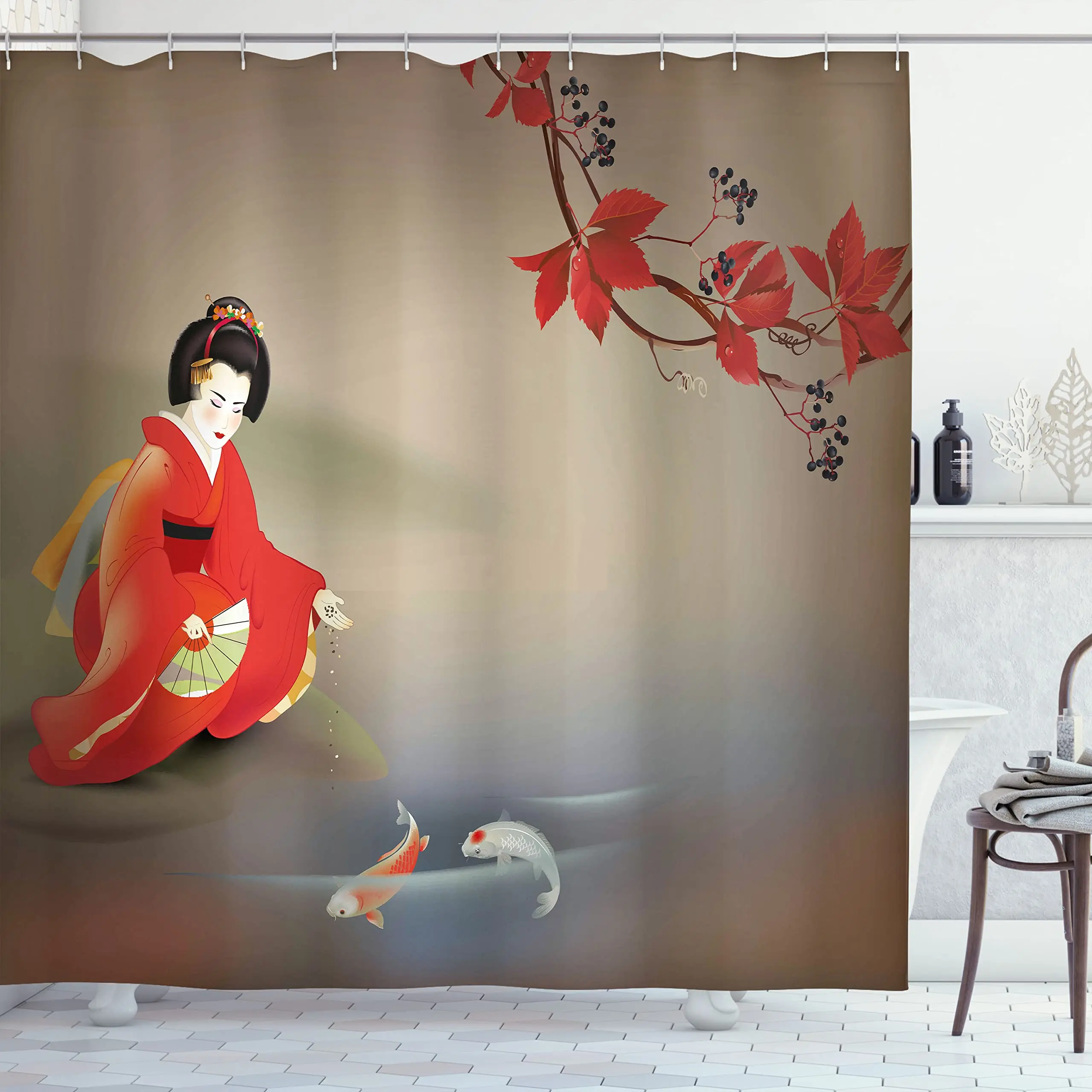 

Koi Fish Shower Curtain Geisha Feeding Fishes Autumn Time Culture Eastern Vibes Oriental Waterproof Bathroom Curtains with Hooks