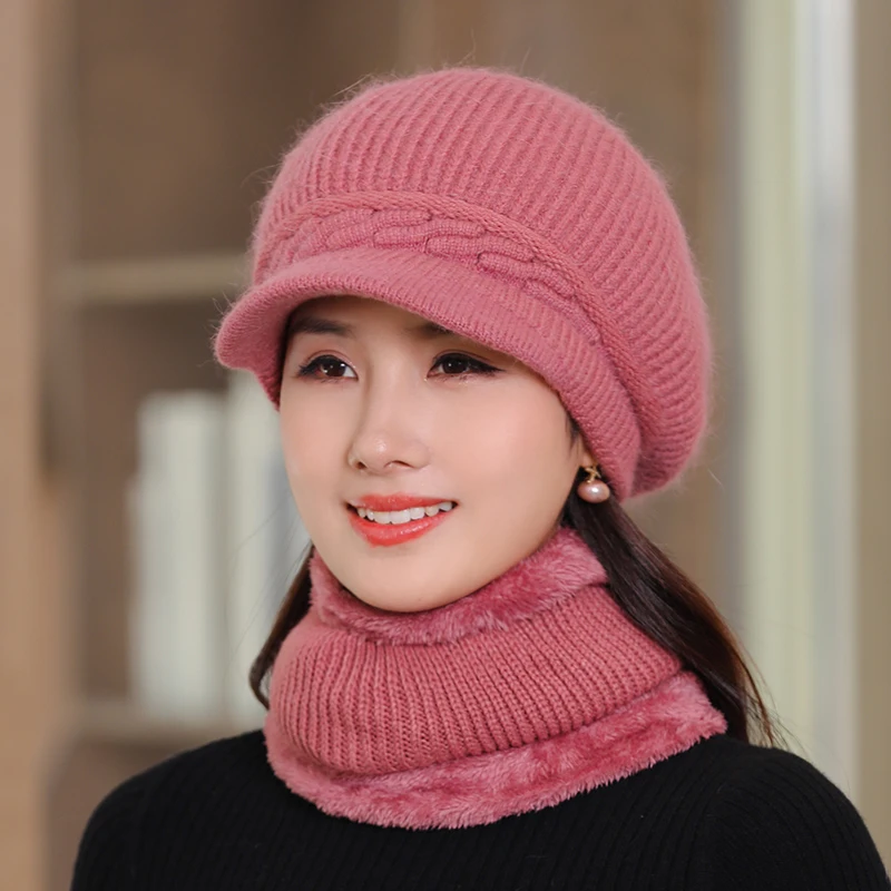 

Новая женская зимняя шапка, сохраняющая тепло шапка с меховой подкладкой, комплект из шапки и шарфа, шапка для женщин, Модный женский подарок из кроличьего меха