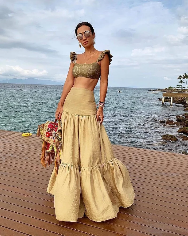 

Women's High Waist Long Skirt Summer Pleated Elasticity Women Casual Bohemian Beach Sundress 2023 Elegant Party Maxi Skirts