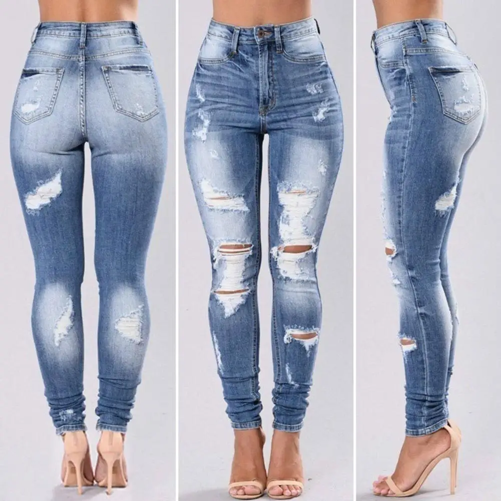 

Women Jeans Buttons Fly Pockets Distressed Women Jeans Ripped Hole Tassel High Waist Denim Pants Female Clothing Streetwear