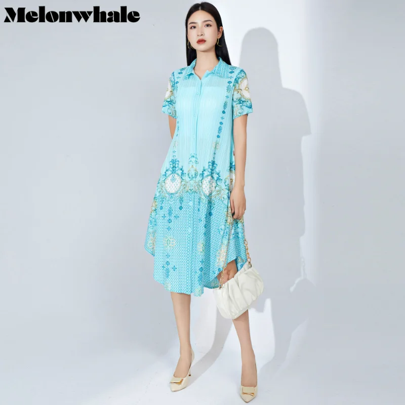 MelonWhale Elegant Printing Dress for Women Evening Lapel Single Breasted Pleated Dresses Female Fashion Festival Clothing 2023