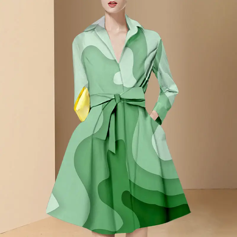 

Женское Повседневное платье на весну и осень, новинка 2022, женское модное платье с длинным рукавом и изображением иностранного зеленого цвет...