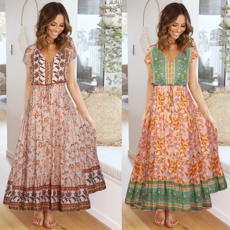 

Женское Платье 2023 с V-образным вырезом и коротким рукавом, Платье-качели с цветочным принтом на шнуровке