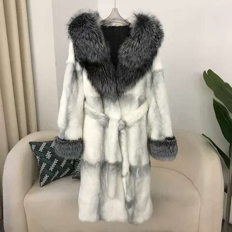 Женская удлиненная куртка CXFS, длинная теплая куртка с воротником и манжетами из натурального Меха чернобурки, с поясом из кроличьего меха, зимний сезон 2024
