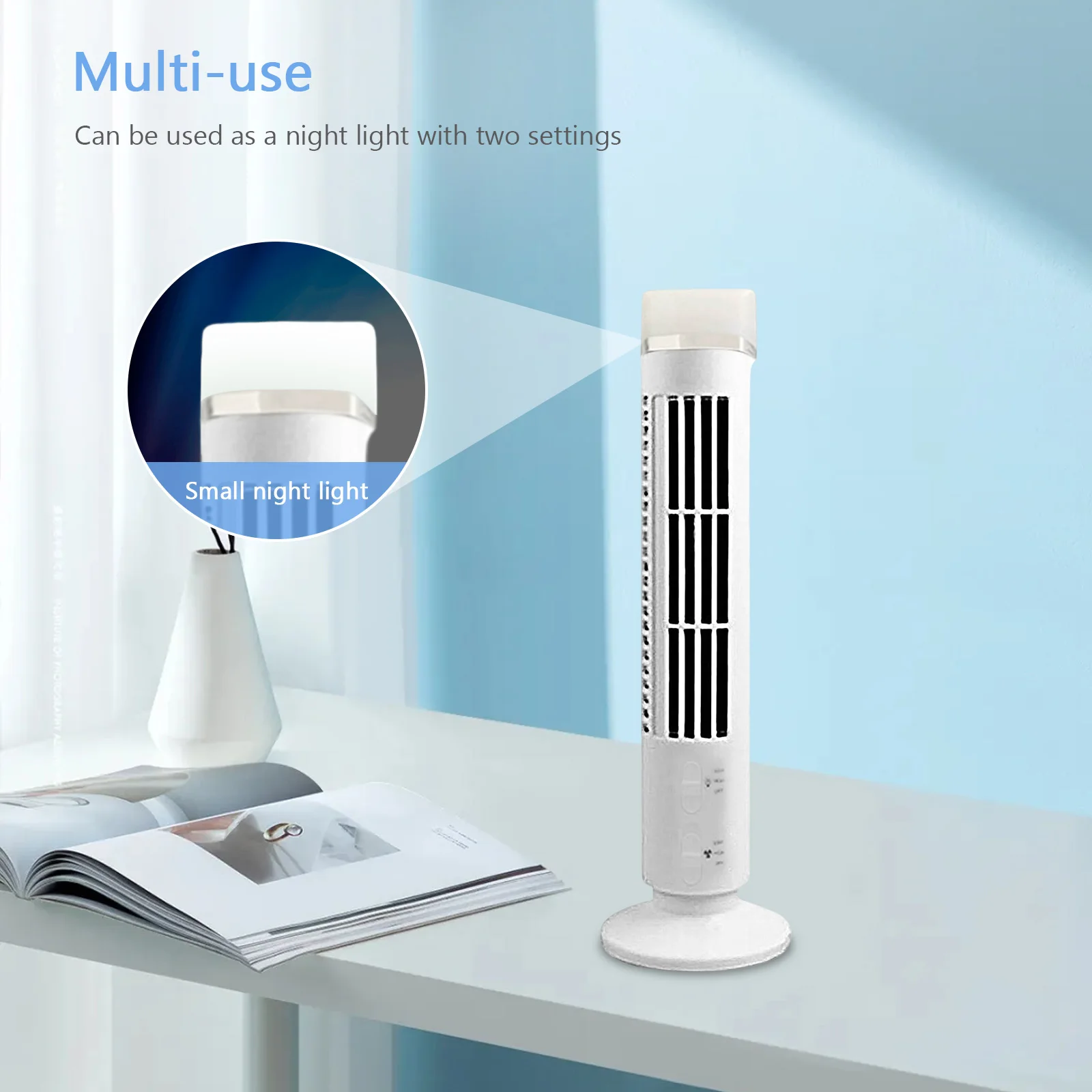 

Vertical Air Conditioning Fan 3W Electric Tower Fan Bladeless with Light USB Plug-in Or Battery Powered 2-speed for Office
