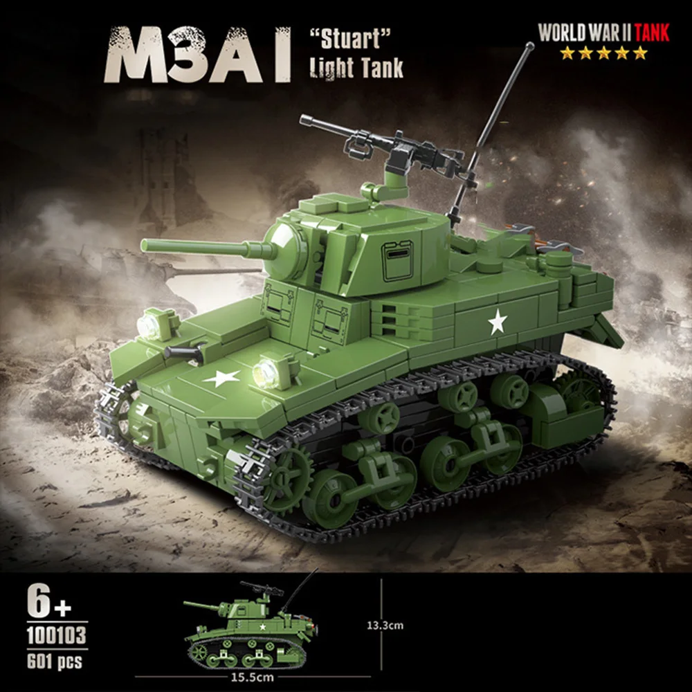 

World War United States M3A1 Stuart Light Tank Military Vehicle Model Building Block WW2 Army Figures Brick Toy For Gifts