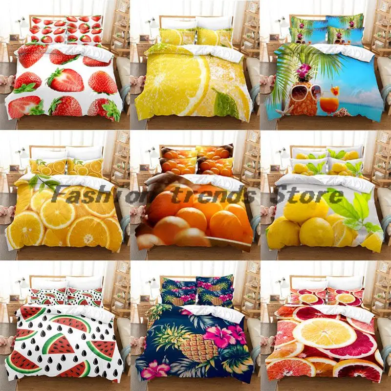 

Fruit Quilt Duvet Cover Bedding Set Pillow Case Linen King Queen Double Bed Twin Single Thin 3PCS 2PC 3D Lemon Orange Strawberry