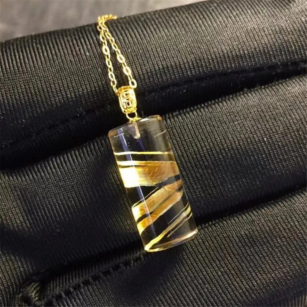 

Natural Gold Rutilated Quartz Pendant Necklace 18K Gold For Woman Man Luck Gift 18x8mm Beads Crystal Gemstone Jewelry AAAAA