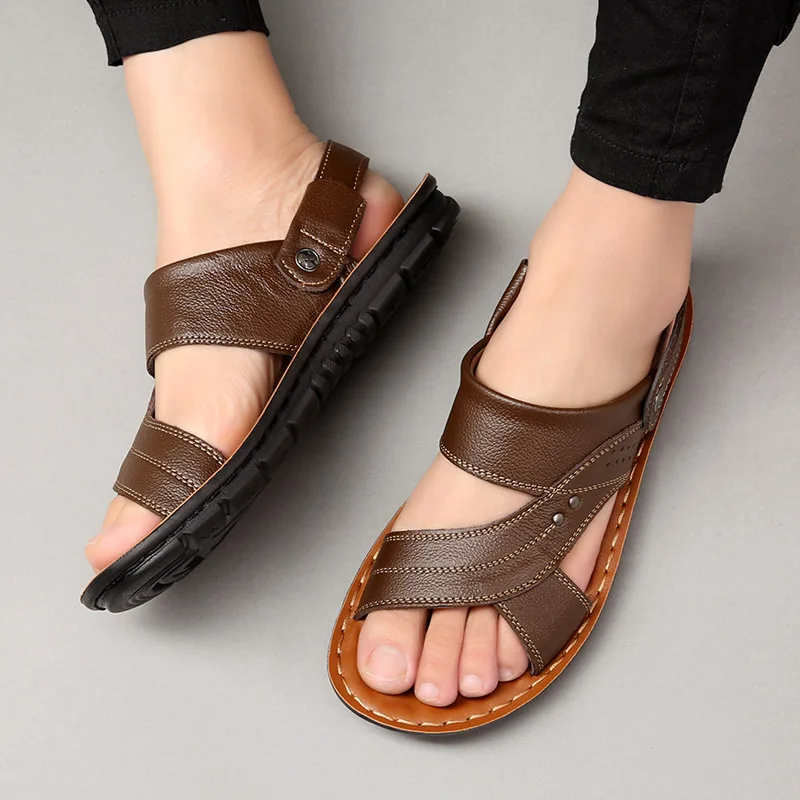 

Summer outdoor brown beach sandals adult slippers fashion men's shoes leather slippers soft breathable casual shoes flip-flops