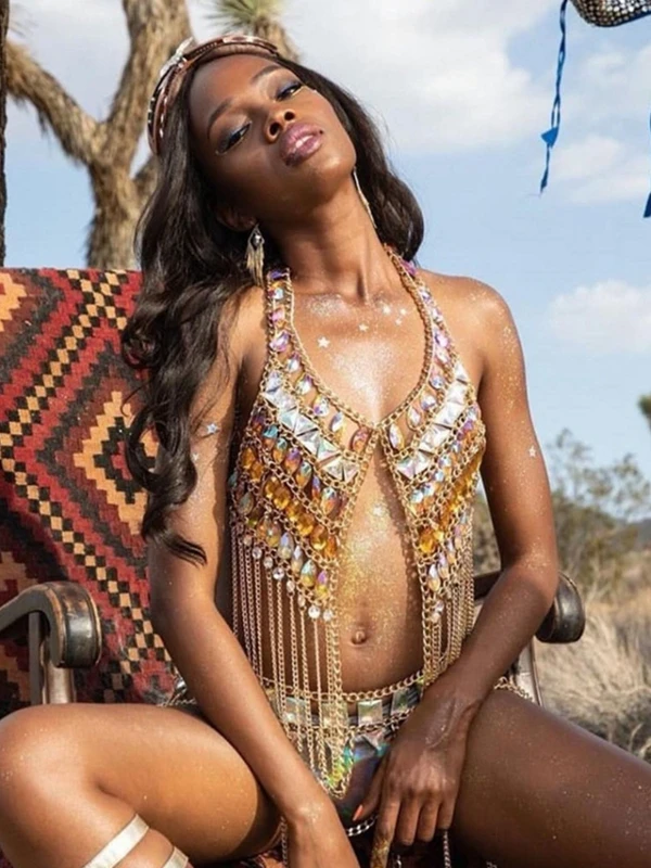 

Women Fashion Sexy Colorful Rhinestone Body Metal Chain Crystal Bra Chain Holiday Carnival Gift Shoulder Chain Exotic Costumes