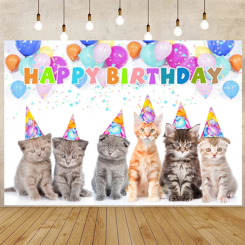 Cute Cat Dogs Pets Birthday Theme Party Backdrop Photography Custom Buntings Balloons Cake Smash Table Decor Photo Backgrounds