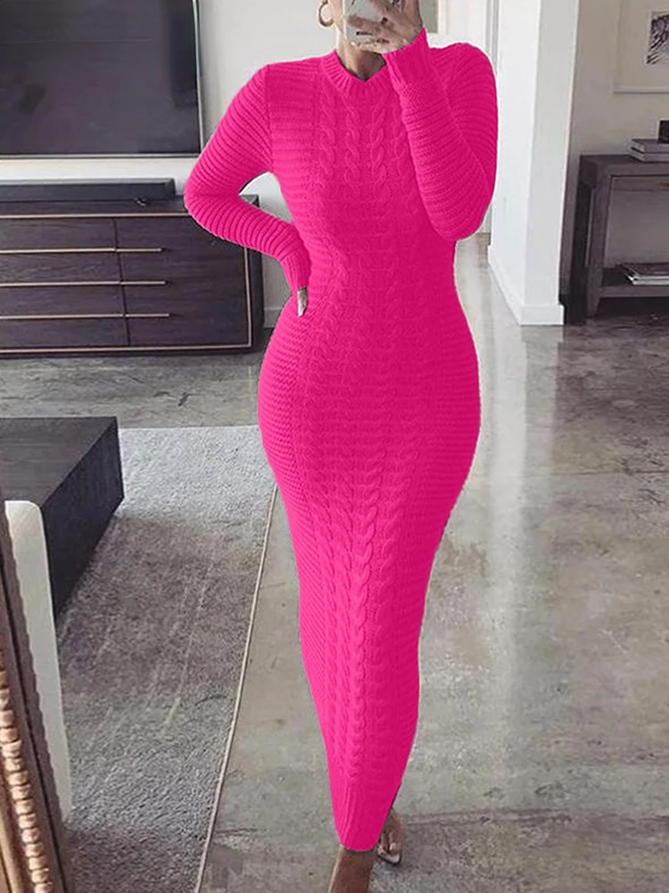 

Элегантные зимние вязаные вечерние платья для женщин с длинным рукавом и круглым вырезом облегающее тянущееся платье макси повседневное офисное