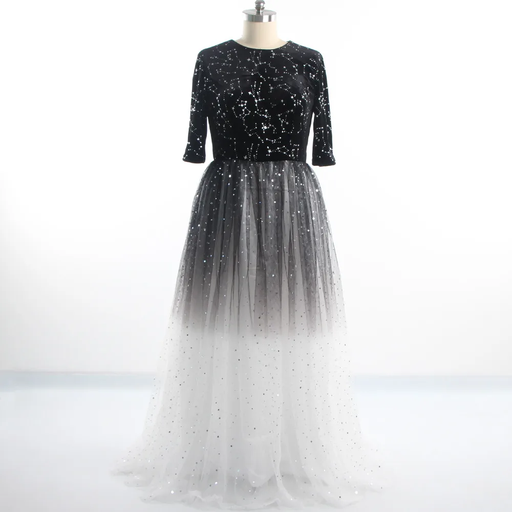 

Evening Dresses O-neck Bling Velour Tulle Half Sleeves Black Zipper Back A-line Floor Length Plus size Women Paryt Dress LF143