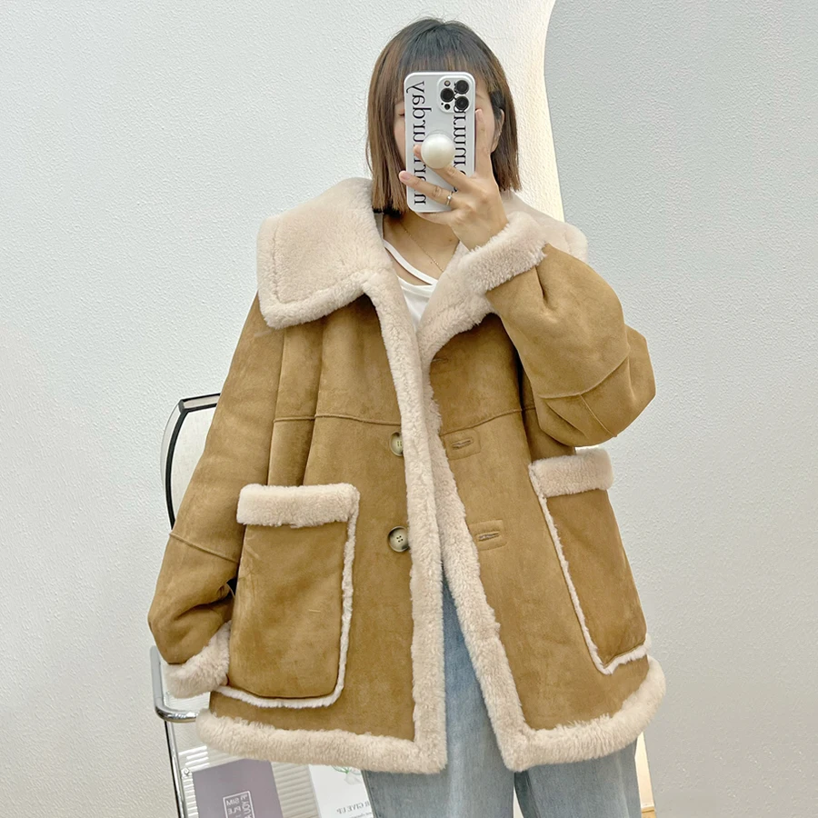 CARECODE Maternity Winter Fur Coat Thick Warm Pocket Turn Down Collar Fleece Front And Back Wear Suede Short Coat For Pregnant
