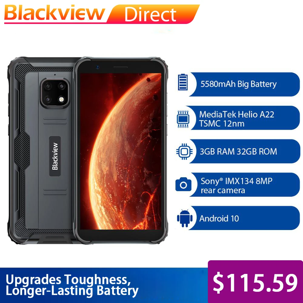 

Blackview BV4900 IP68 Waterproof Smartphone 3GB+32GB Rugged Mobile Phone 5580mAh 5.7 inch Android 10 NFC Cellphone