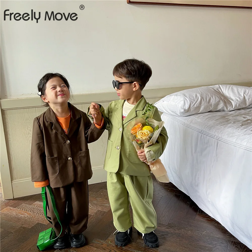 

Freely Move Kid Boys Autumn Suit Girls Boys Baby Suit Clothes 2022 New Children's Clothing Casual Solid Tops + Pants 2 Piece Set