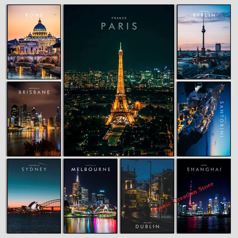 

Картина на холсте с изображением всемирно известного города ночного видения, картина с изображением Парижа, Сиднея, Рима, Сен-Ирен для гости...