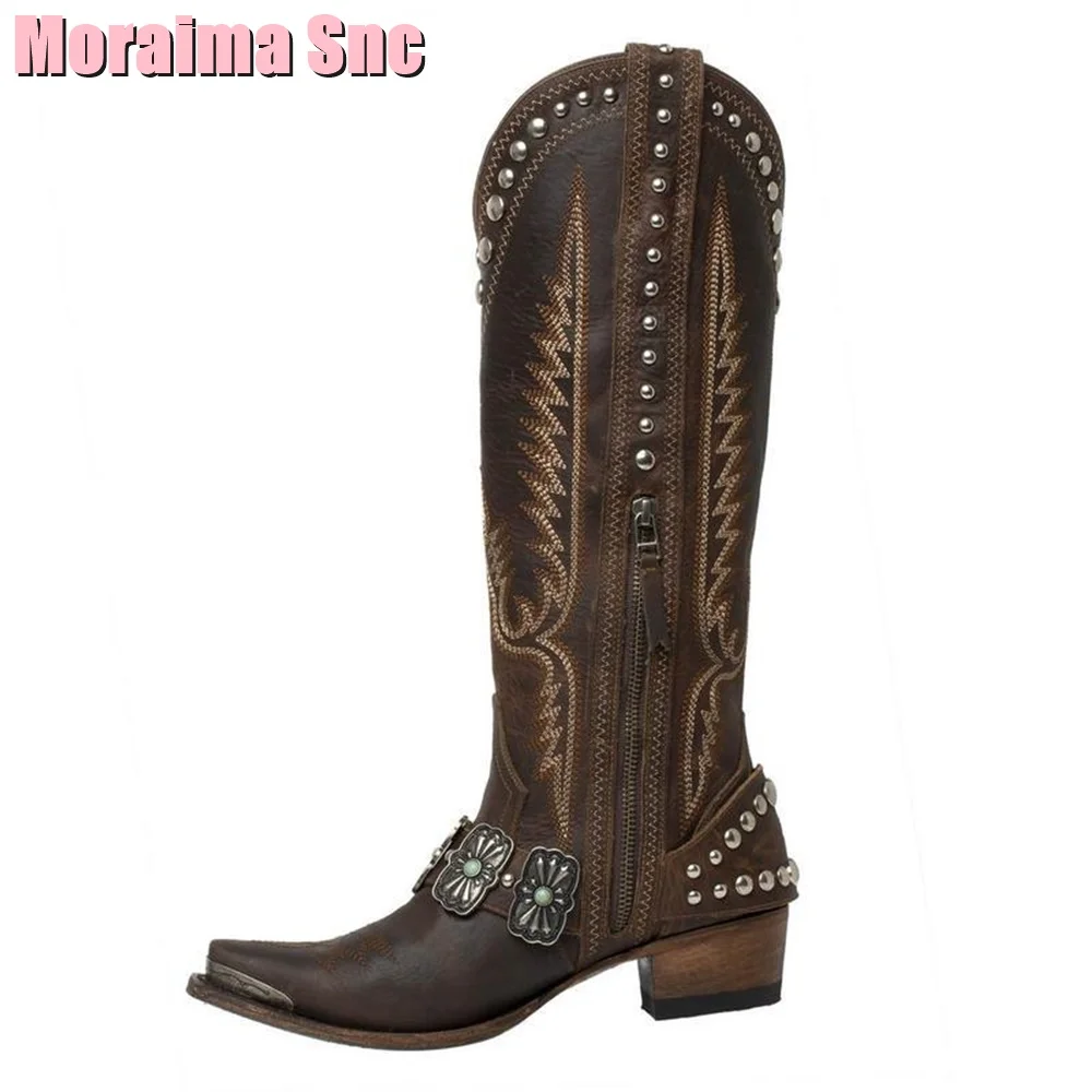Pointed Toe Belt Buckle Rivet Cowboy Boots Vintage Style Embroidery Women Long Boots Block Heel Side Zipper Black Solid Fashion