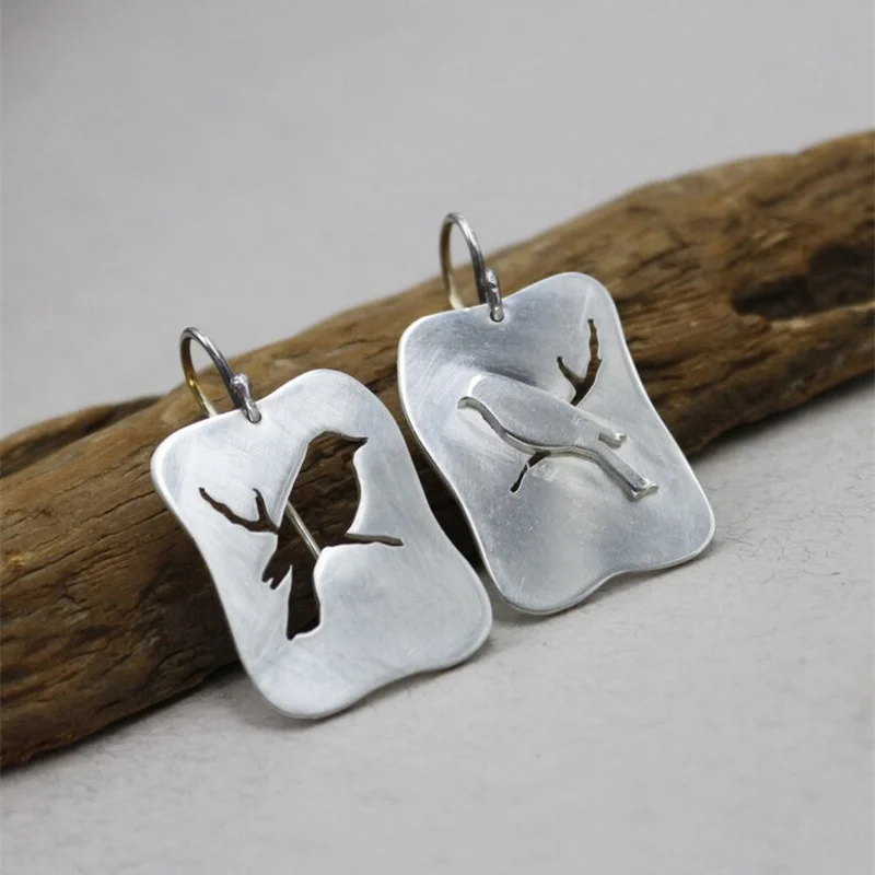 Vintage Square Metal Craftsman Carved Bird Earrings Boho Women Simple Asymmetric Hook Drop | Dangle