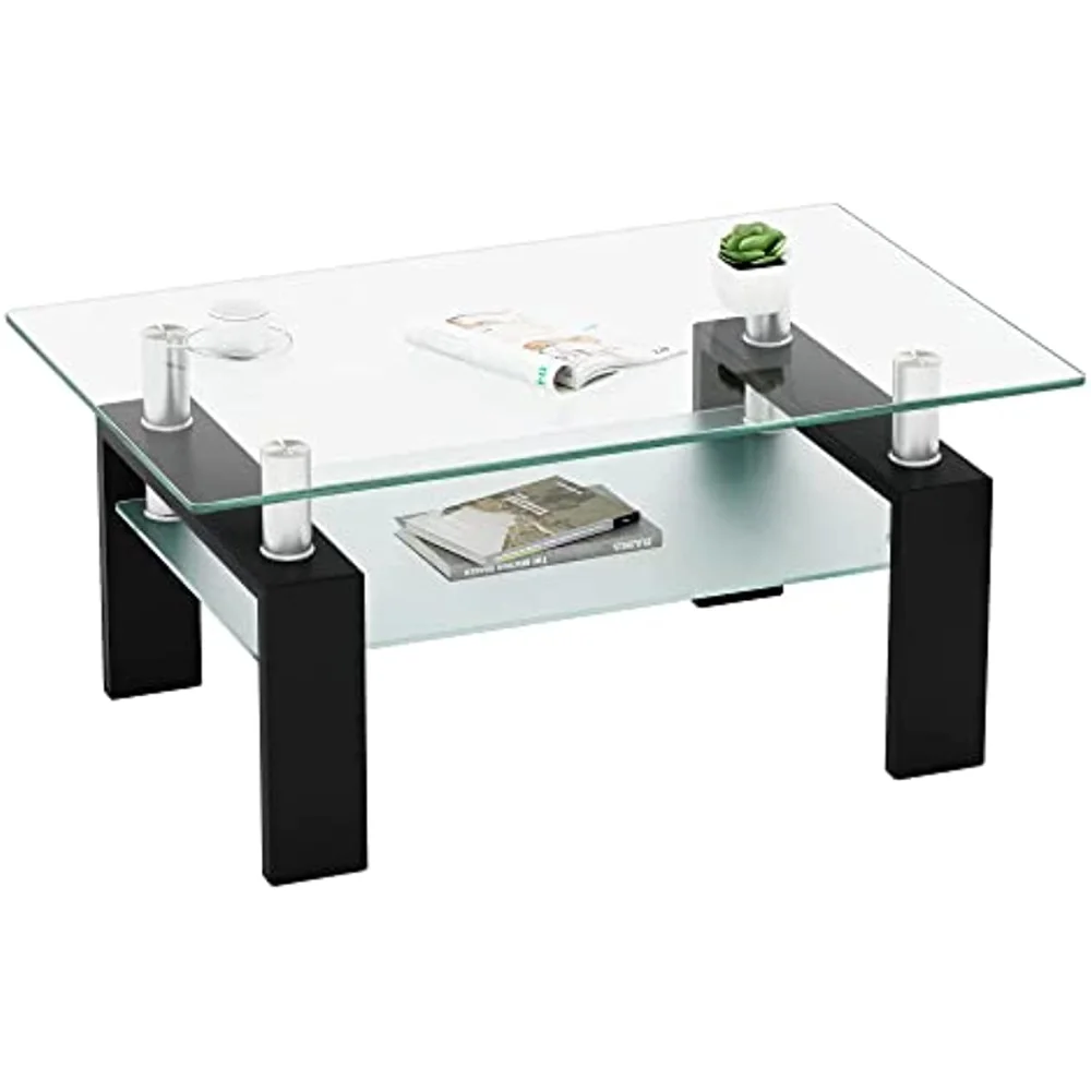 

Coffee Table with Metal Tube Legs, Glass and Rectangle End Table for Livingroom (Black)