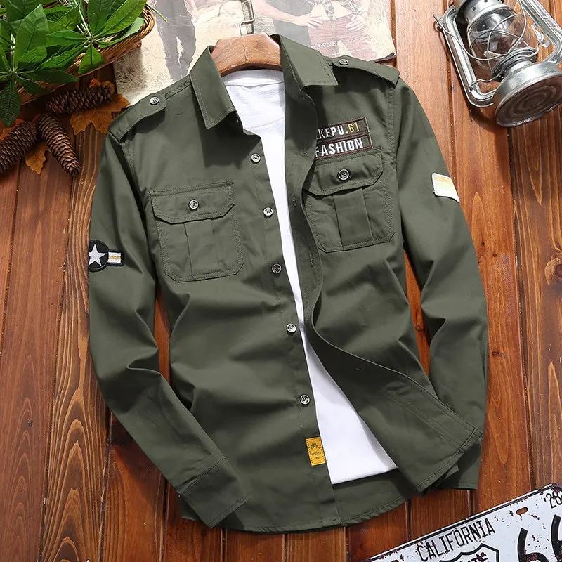 

Autumn men's thick pure cotton solid color camouflage military uniform long sleeved shirt jacket multi bag tooling shirt