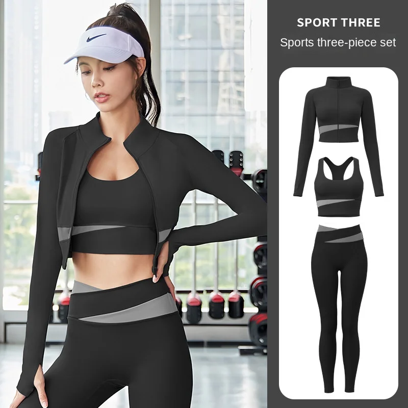 

Color Matching Three-Piece Yoga Clothes Quick-Drying Nude Feel Yoga Suit Running Drawstring Slim-Fit Slim Fit Fitness Suit