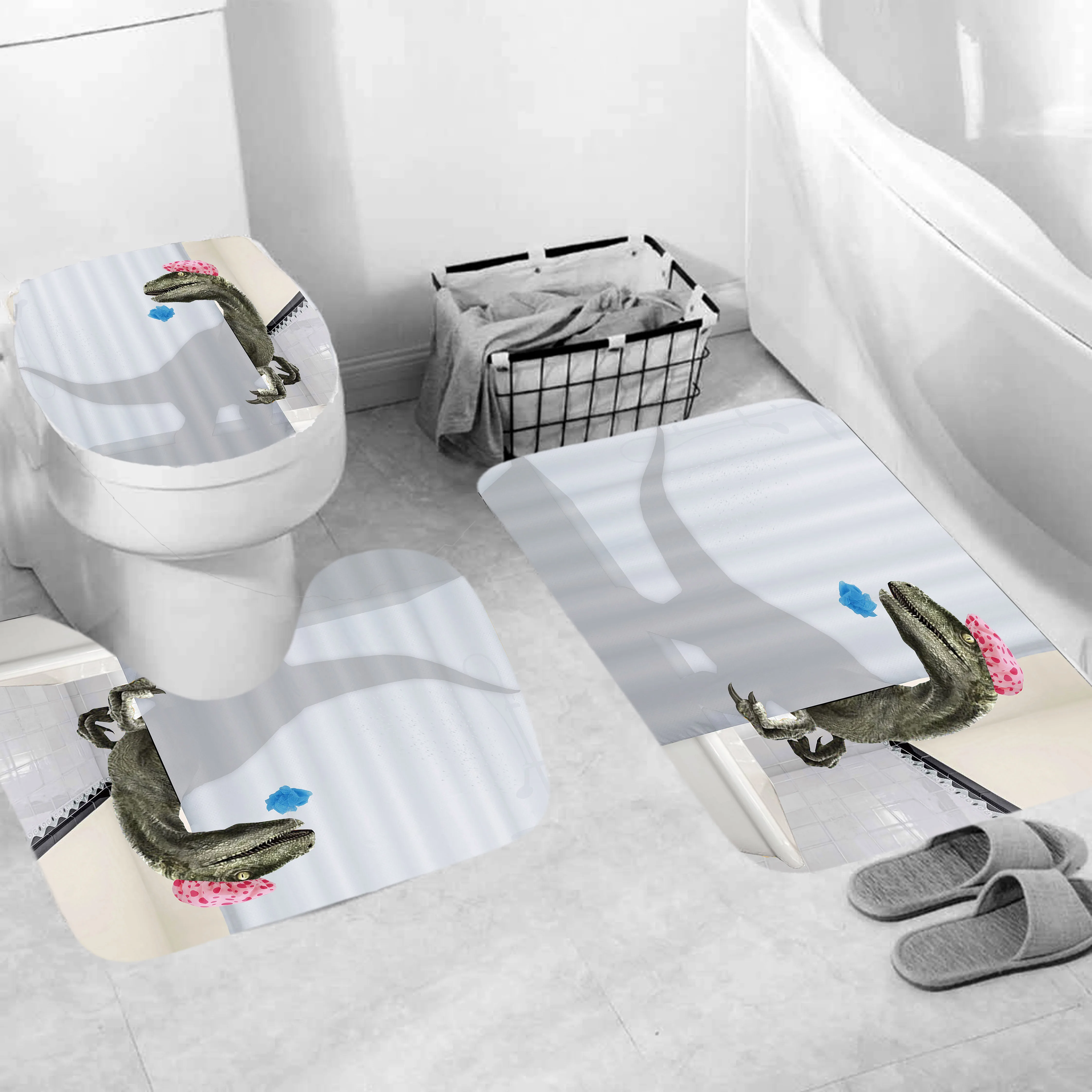 

3pcs Cute Dinosaur Funny Shower Bathroom Mat Carpet Cat Cow Animals Modern Toilet Seat Lip Cover Bath Home Decor Accessories