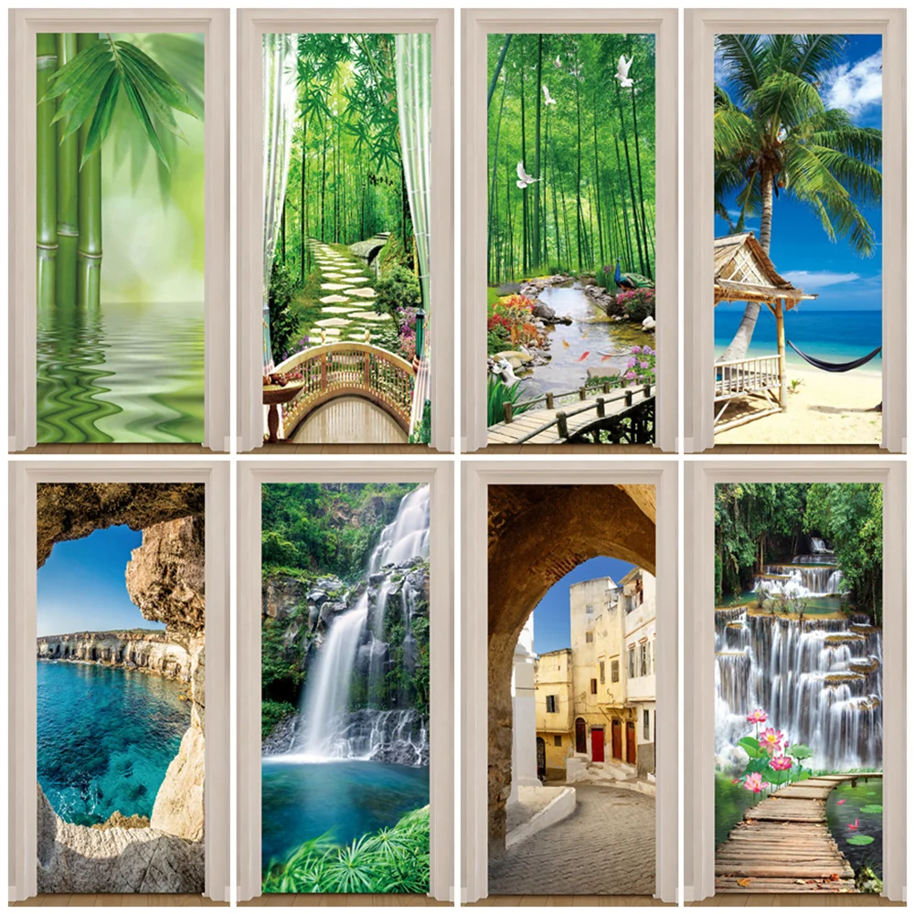 

PVC Home Decor Entrance Door Sticker Bath Shower Room Bedroom Self-adhesive Photo Wallpaper Renovation Scenery Poster Waterproof