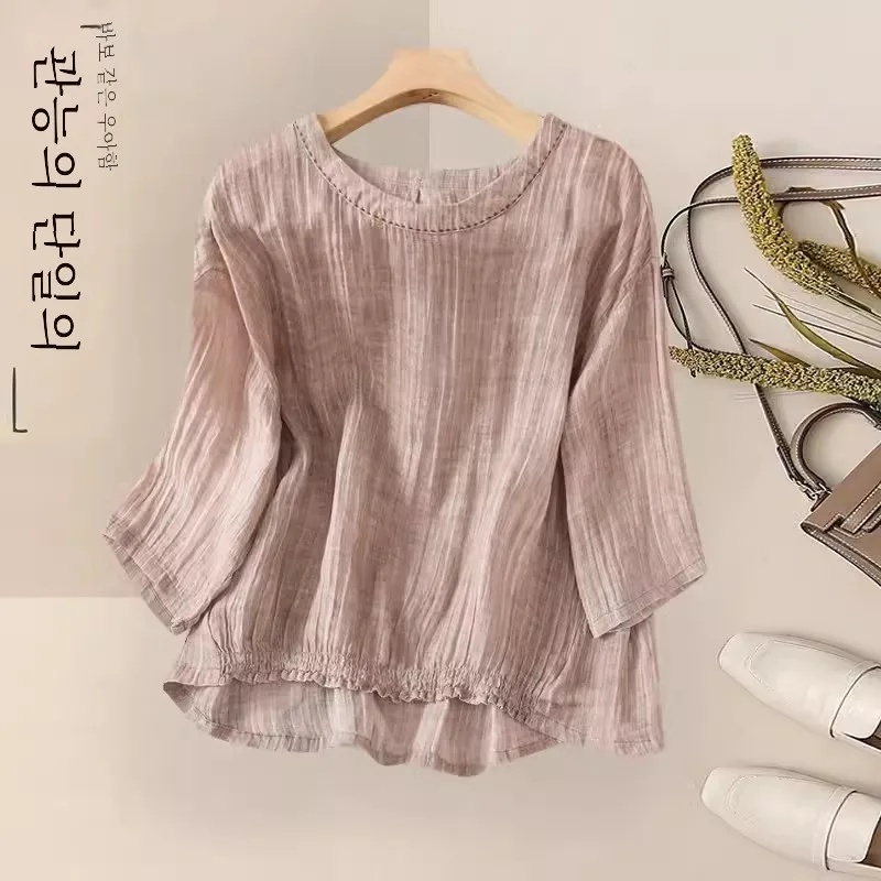 Свободный комплект из хлопка и льна для мам среднего пожилого возраста. Комплект