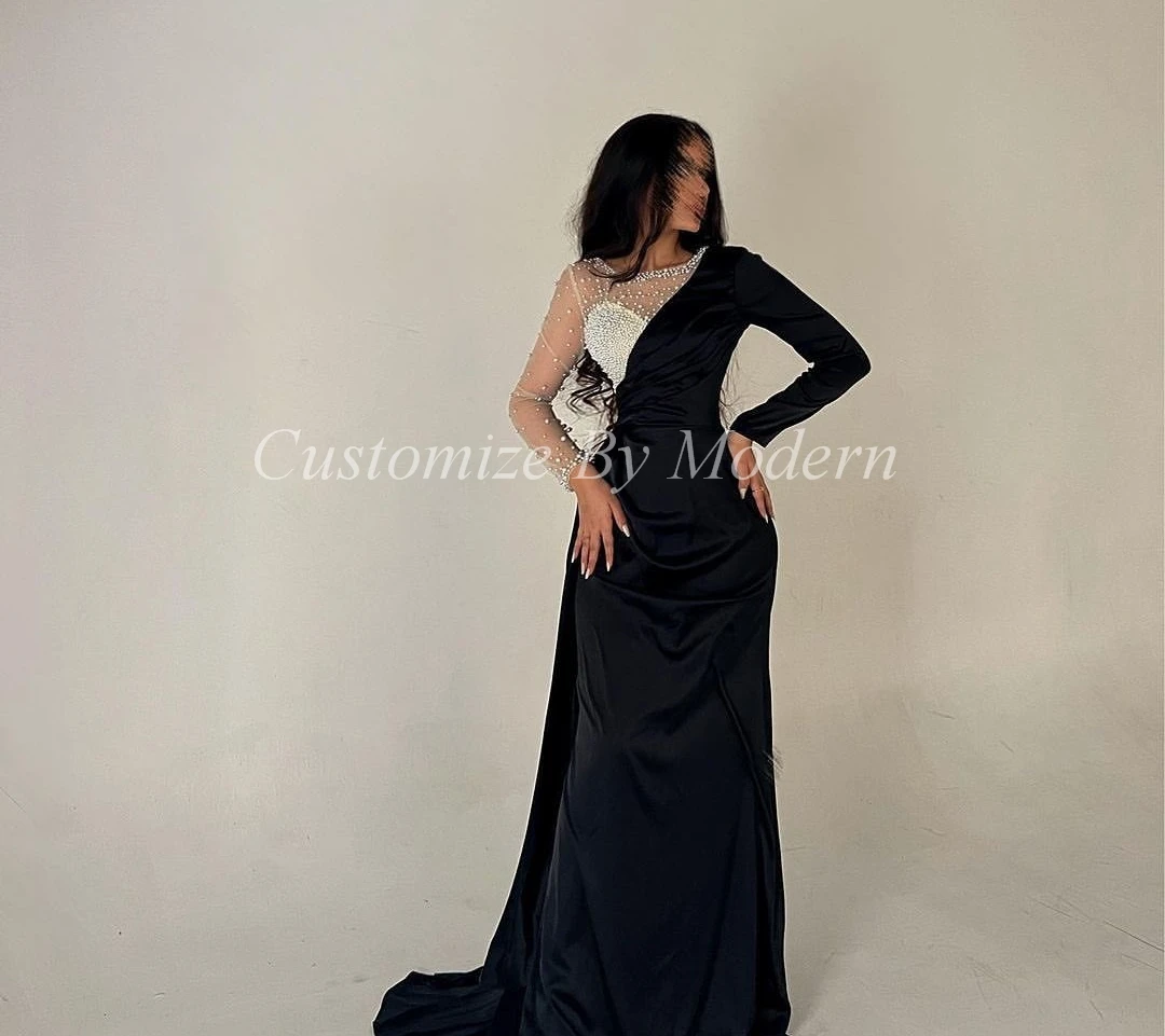

Black Satin Long Sleeves Prom Dresses Sheath O-Neck Beadings Floor Length Saudi Arabia Women Evening Party Dress
