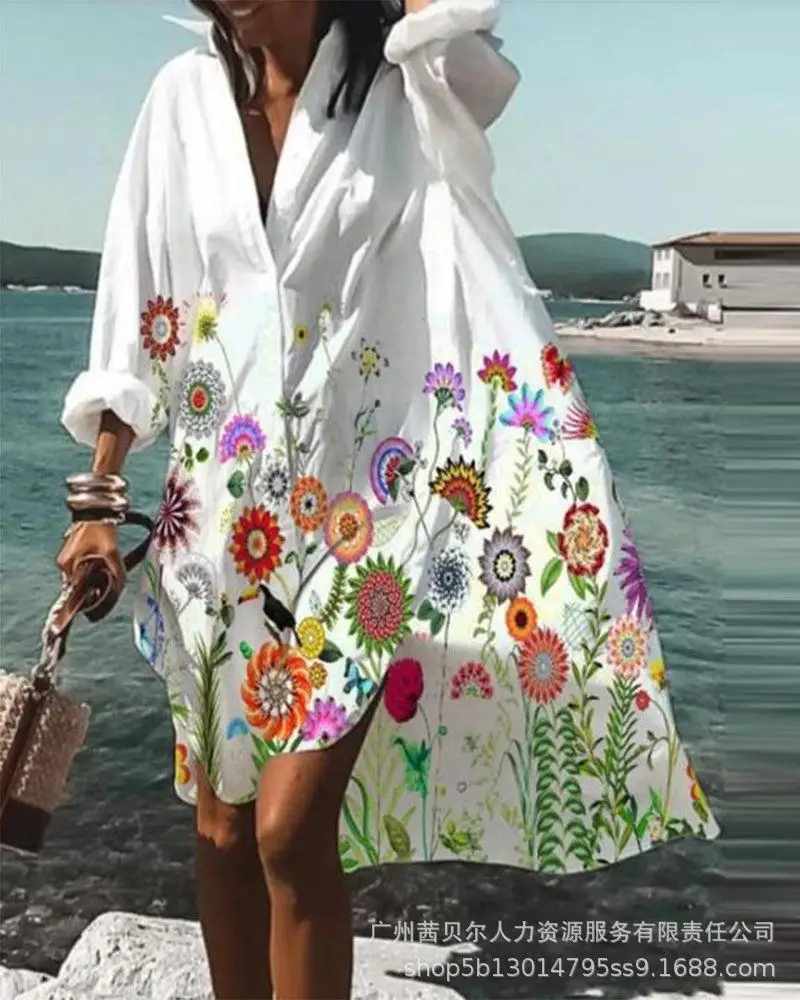 

Women Summer Loose Vacation Shirt Dress Casual Fashion Long Sleeve Turn Down Collar Single Breasted Print Long Dress Streetwear