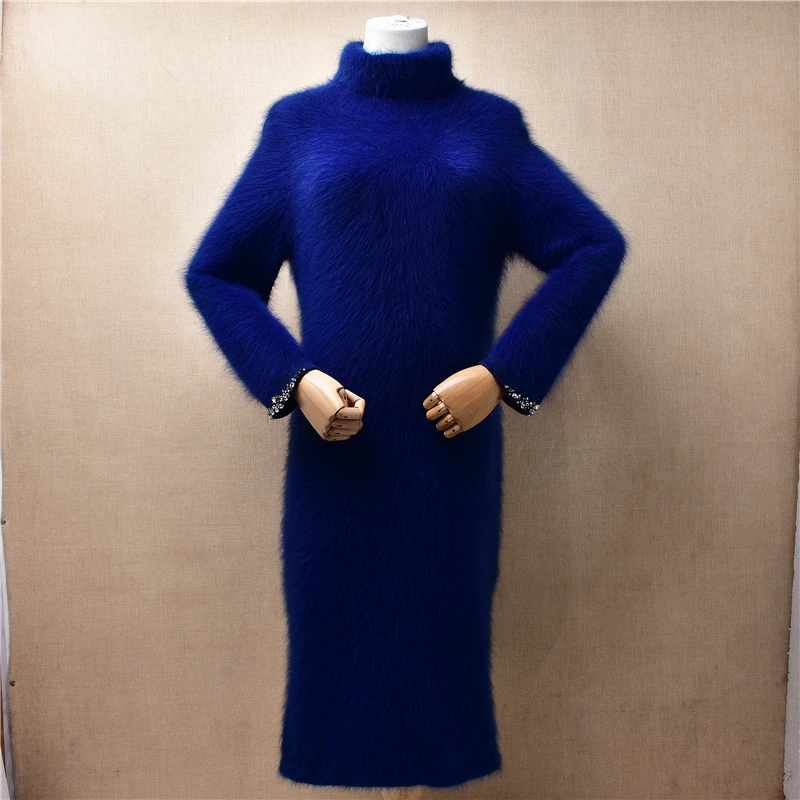 

Женская осенне-зимняя одежда из синей шерсти норки и кашемира, вязаная водолазка с длинными рукавами и бисером, облегающее длинное платье-свитер