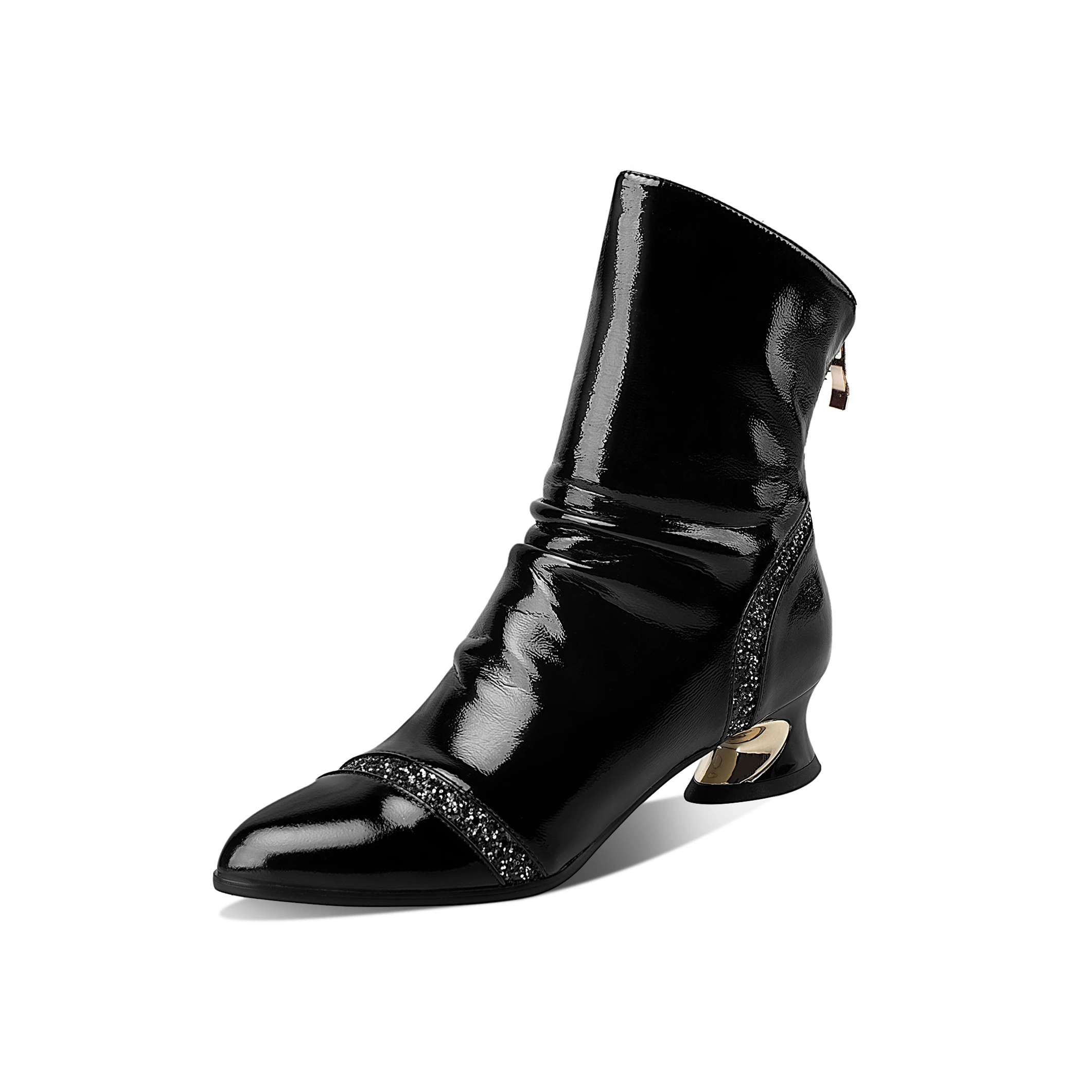 

Mstyle Patent Leather Women's Ankle Boots Back Zip Up Spool Heel Pointed Toe Handmade Black Winter Autumn Boot for Women Ladies