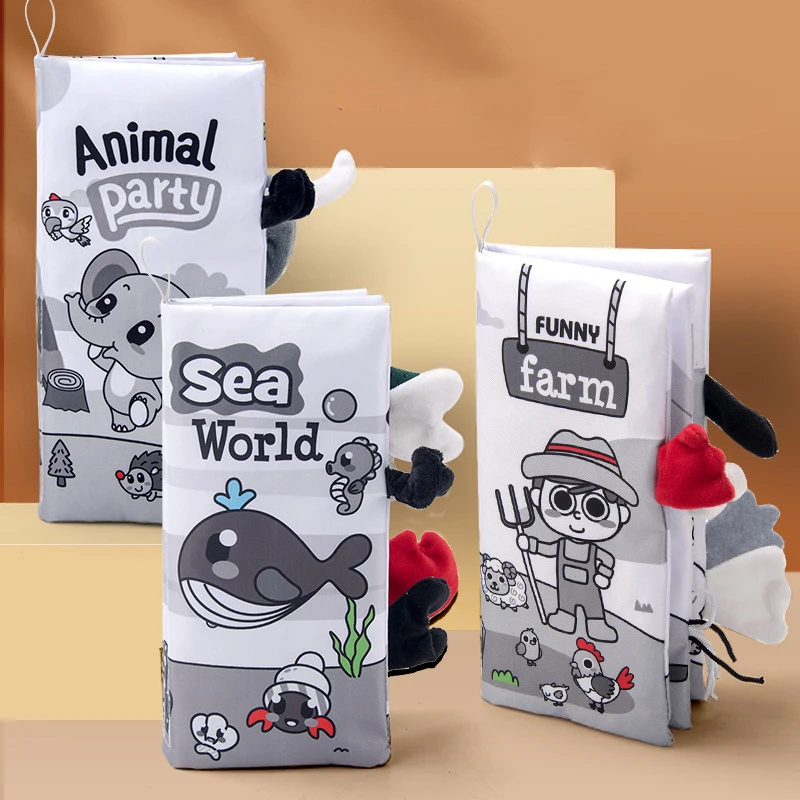

0-36M Baby Early Learning Toy Tail Cloth Book Parent-child Interactive Sound Paper Puzzle Cloth Book Rattle Black White