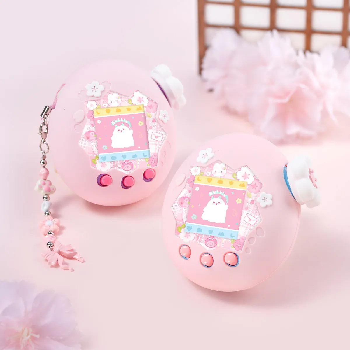 Фото BUBBLELOGUS Защитный силиконовый чехол для Tamagotchi Paradise Pink SAKURA с наклейкой, накладкой на кнопки и подвеской, мягкий чехол №3