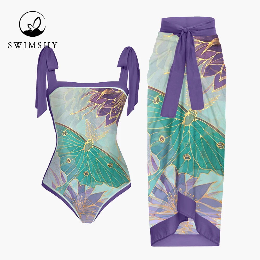 

Vintage Butterfly Floral Print One-piece Swimsuits Fashion Colorblock Bowknot Bikinis Lacing Up Swimwear Vacation Beach Outfits