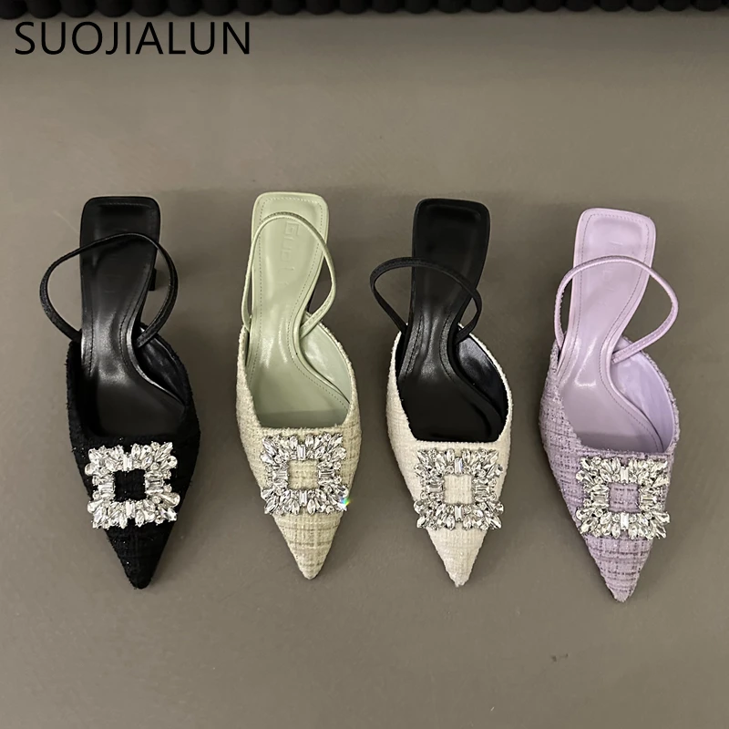 

SUOJIALUN 2023 Spring New Brand Women Sandal Fashon Thin High Heel Ladies Elegant Slingback Shoe Crystal Buckle Dress Pumps Shoe