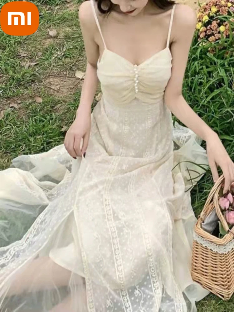 

Xiaomi Summer Fairy Strap Vintage Dresses Women Sexy Sweet Elegant Midi Dress Holiday Gentle Backless High Waist Casual Dress