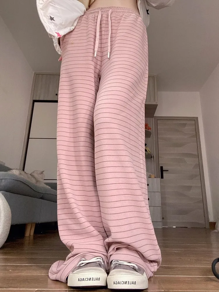 

Deeptown Korean Style Pink Pants Women Y2K Harajuku Girly Striped Wide Leg Trousers Japanese Sweet Oversized Basic Sweatpants