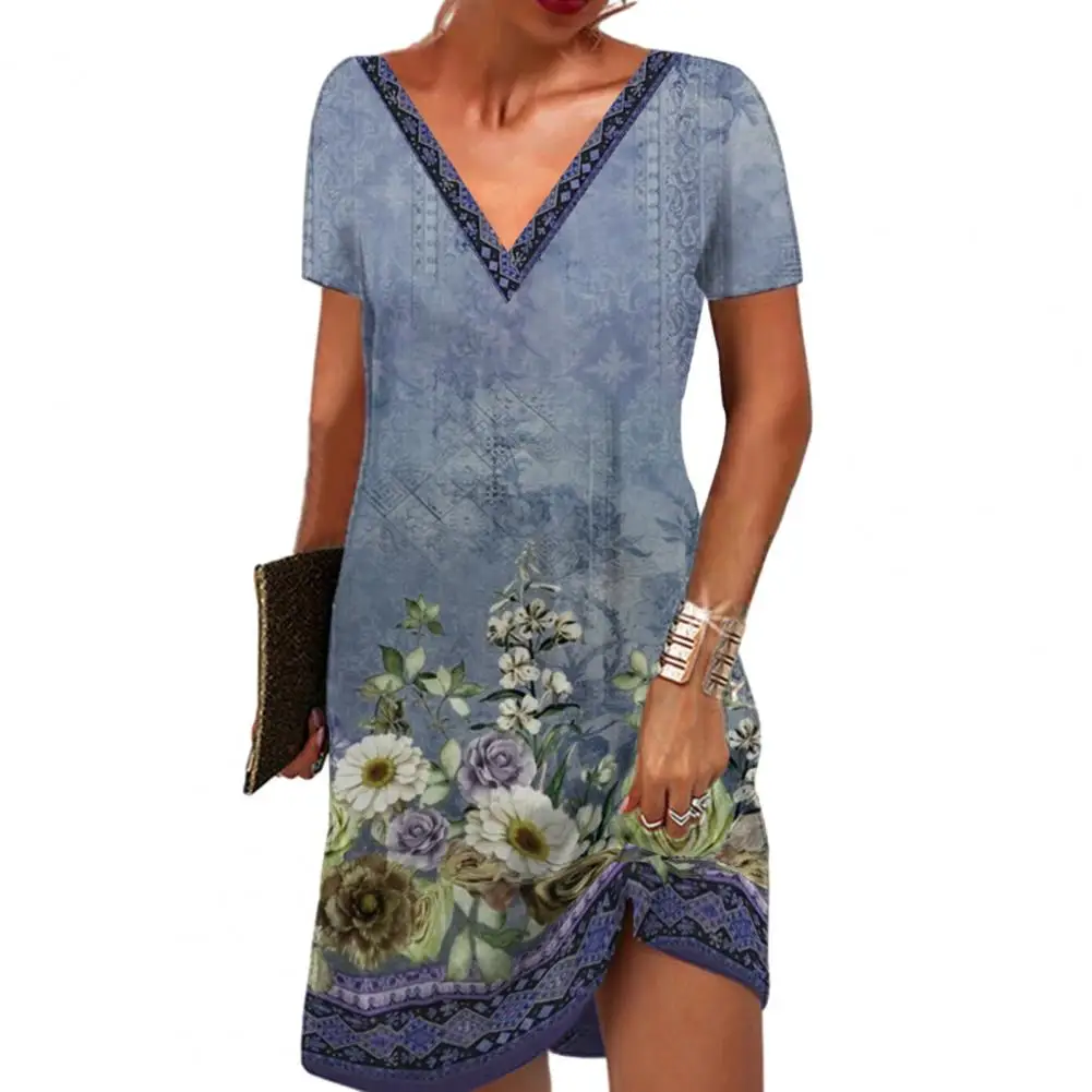 

Short Sleeve Chic Vintage Dress V-neck Flower Printing Women Summer Mini Dress 2023