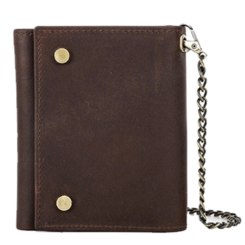

Head Layer Cowhide Wallet with Chain Snap Closure Men Short Purse RFID Anti-theft Brush Vintage Trifold Wallets Clutch Credit