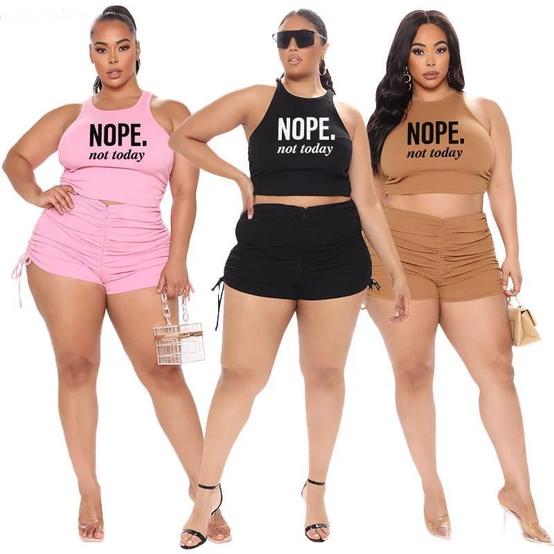 Plus Size S-5xl Printing Summer Women Sport Suit Shirring High Waist Two Pieces Shorts Set Sleeveless Crop Top 3xl 4xl 5xl 6xl