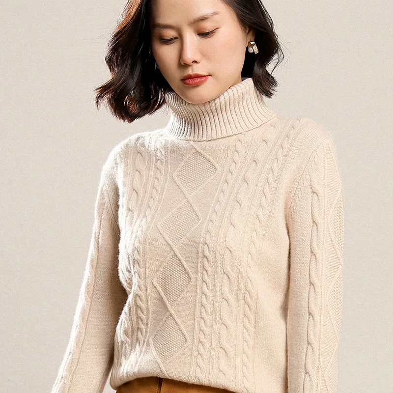 

2022 Knitted Sweater women Fashion Turtleneck Long Sleeve Thick Warm Sweaters 9104