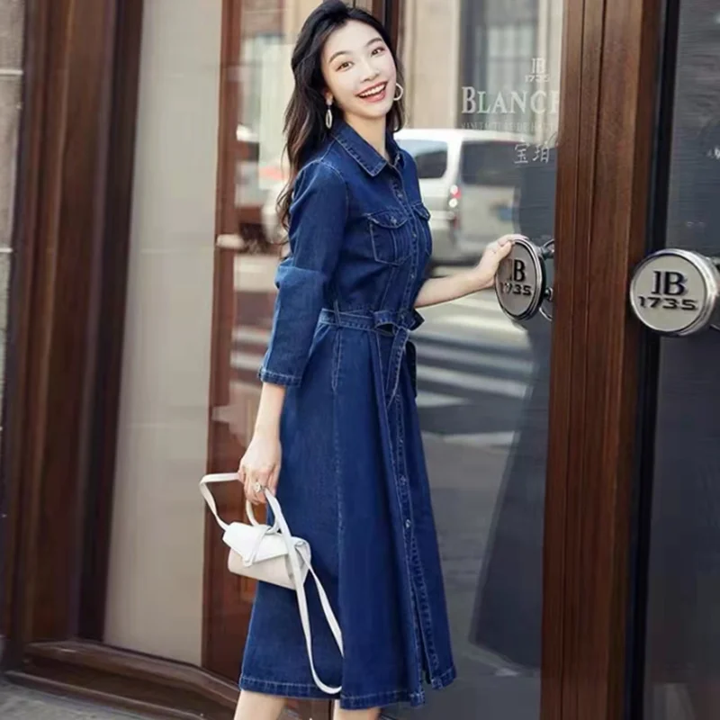 

Long Sleeve Denim dress women 2022 Spring autumn style is thin French design sense popular denim over-the-knee long skirt trend